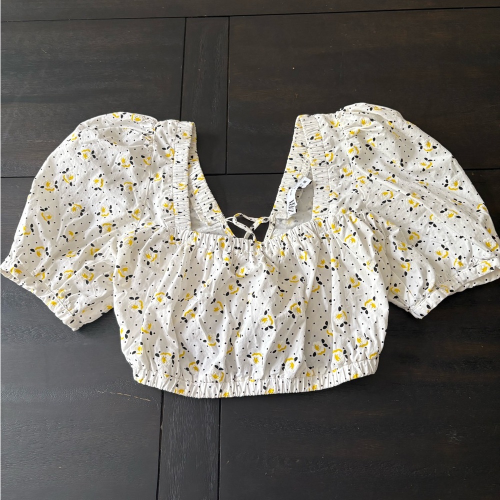 Zara White Puff Sleeve Crop Blouse Yellow Flower Design. Straps Tie In The Back